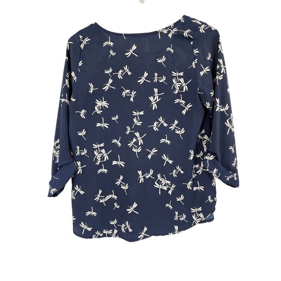 2/$30 EVERLY Top Size S Navy Blue Dragonfly Blouse 3/4 Sleeve Relaxed Fit - Picture 6 of 6